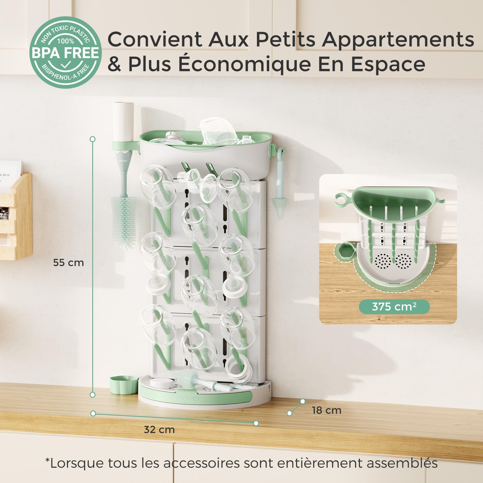 momcozy Égouttoir Vertical Grande Capacité pour Biberons (18 unités) - Design Modulable Compact avec Porte-Brosse Intégré - Sèche-biberons pour Tétines, Tire-Lait et Accessoires | Porte-brosse, Tétines, Tire-lait, Accessoires, Sécable, Étanche, Bébé, Nouv