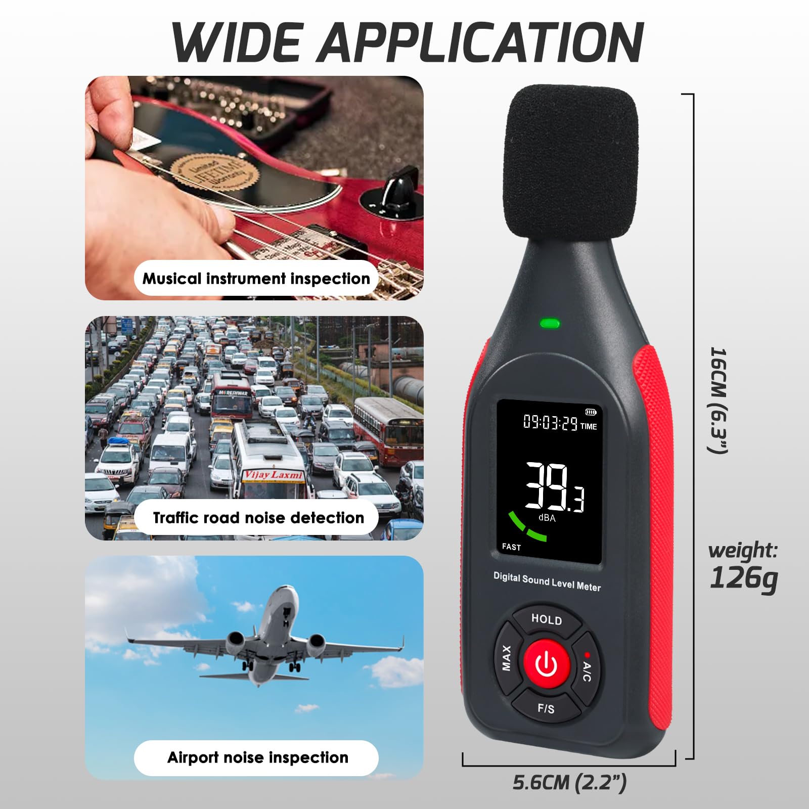 Misuratore di Decibel Misuratore di Livello Sonoro Rilevatore di Lettura da 30dB a 130dB MAX Data Hold, Misuratore di dB SPL con Allarme, Registrazione Dati e Funzione Ricaricabile