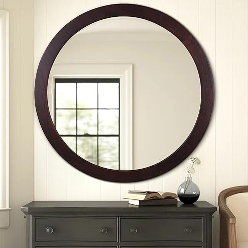 Miniatura 20 de CULER Espejo redondo de madera de 24 pulgadas, espejo circular con marco de nogal para pared, espejo de pared redondo decorativo rústico para baño