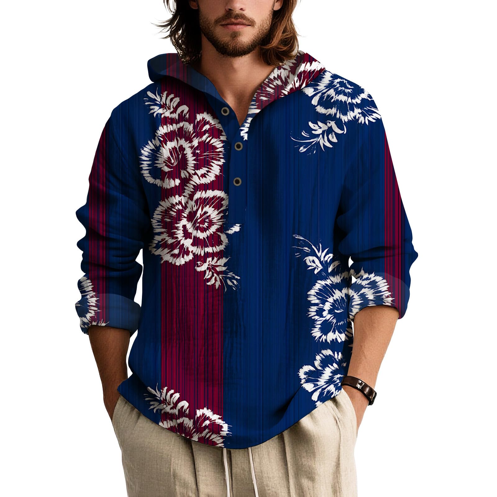 Mens Long Sleeve Button Down Shirt Japanese Art Print Relaxed Fit Casual Top Artistic Style Navy Black