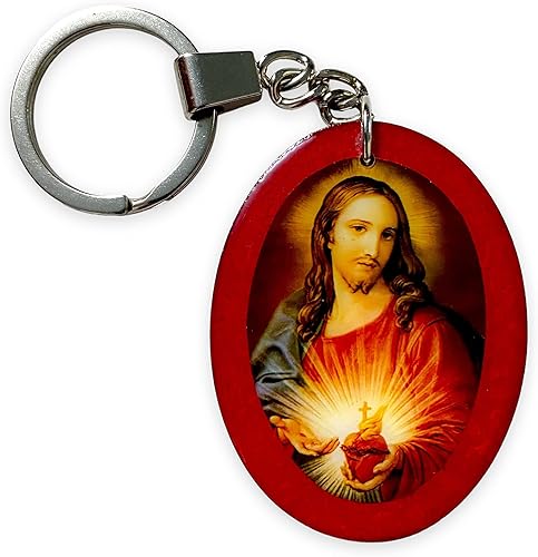 Llavero ovalado de madera roja del Sagrado Corazón de Jesús, regalo de recuerdo, accesorio coleccionable, Sagrado católico, Corazon de Jesús,