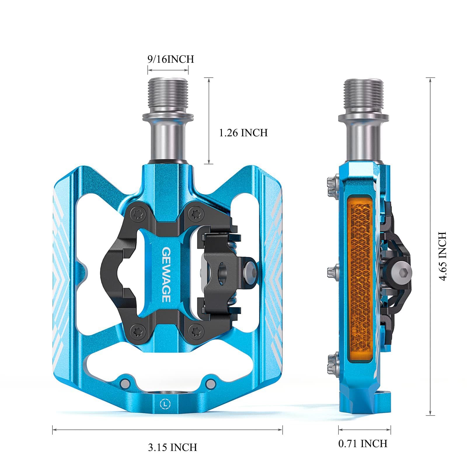 GEWAGE Pedali a scatto, 2 in 1, a doppia funzione, piatti e pedali a scatto con riflettore per SPD, gambo in cromo da 9/16", per mountain bike, bici da corsa ed e-bike