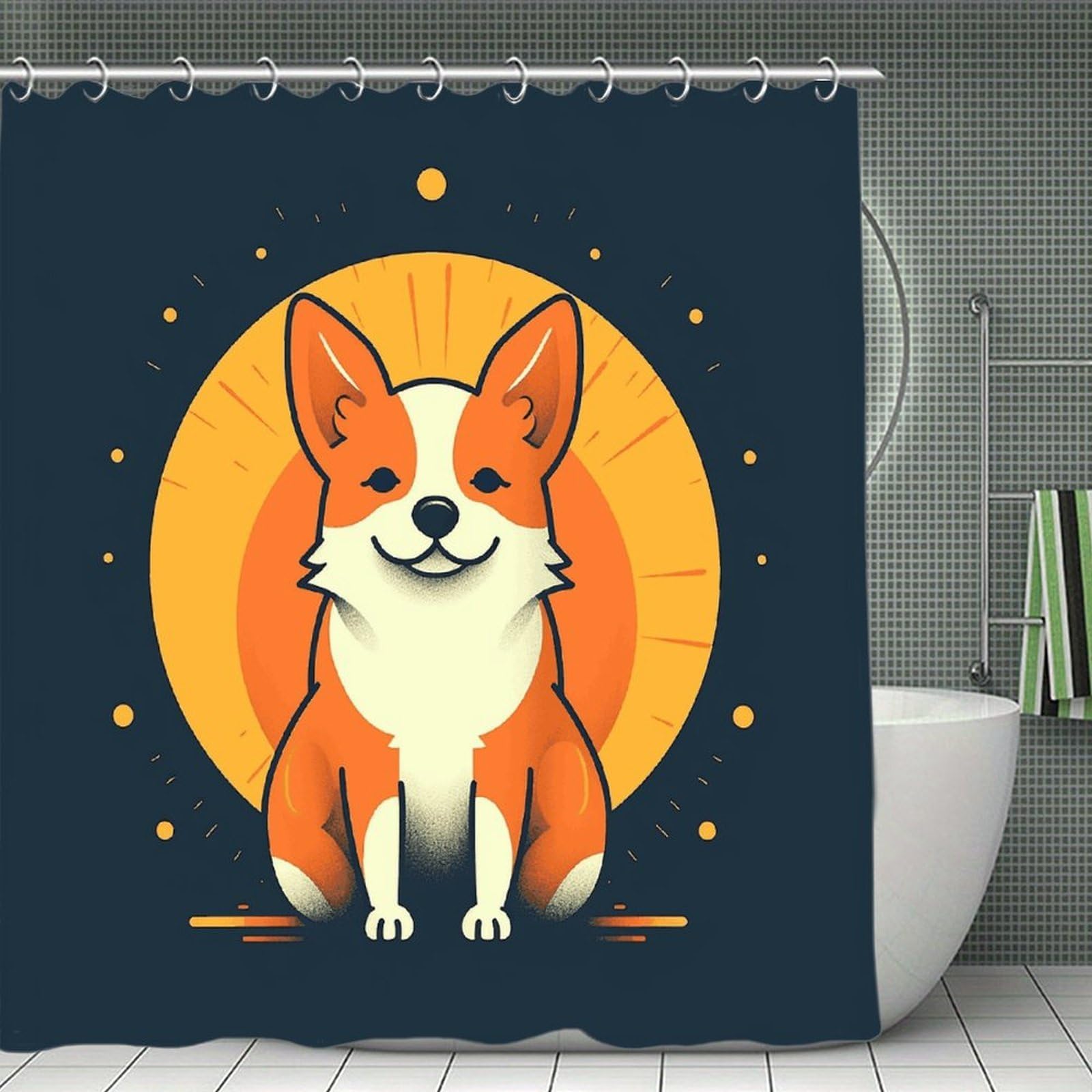 JTREHY Playful Corgi Shower Curtain Waterproof Bathroom Shower Curtain Machine Washable Bath Curtains Polyester Cloth Bath Curtains for Bathroom Showers 70.8×70.8Inch