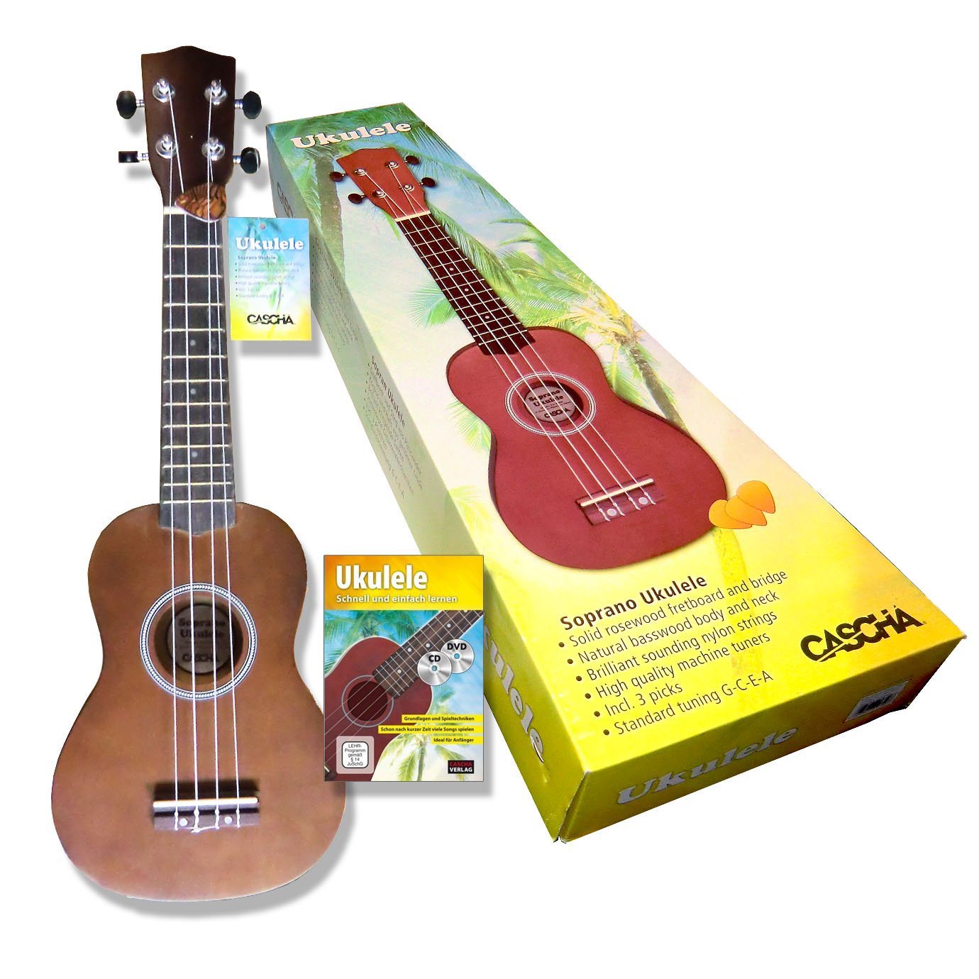 Palissandre – Ukulélé Soprano avec planche et poignée avec stimmfesten mécaniques pour guitare –-Le Kit complet : avec housse + livret d'apprentissage avec CD & DVD + 3 médiators
