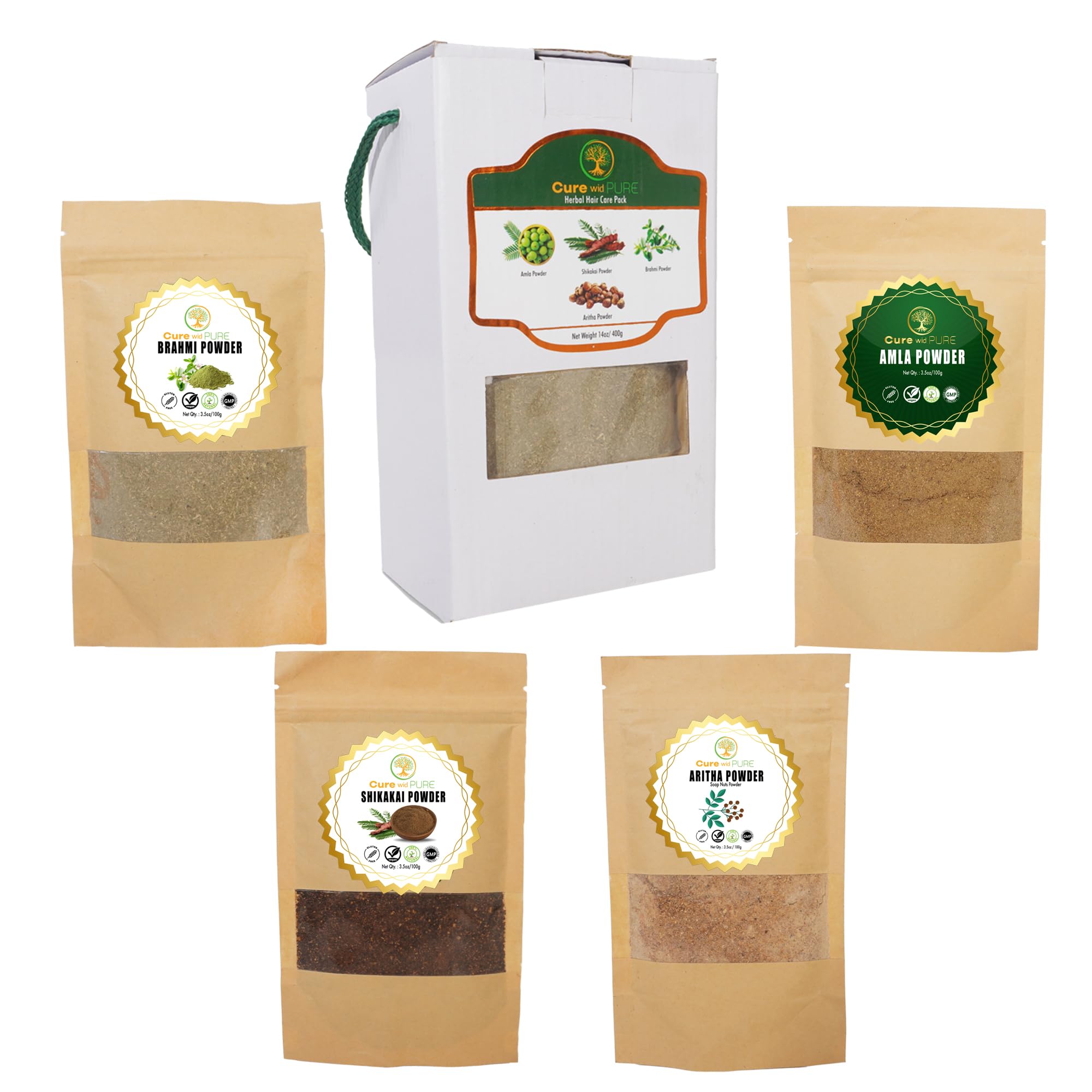 Cure wid PureIndian Hair Care Pack - Brahmi, Amla, Shikakai & Reetha | Ayurvedic Herbs for Hair Growth, Strength, Volume & Shine | Eco-Friendly Resealable Pouch