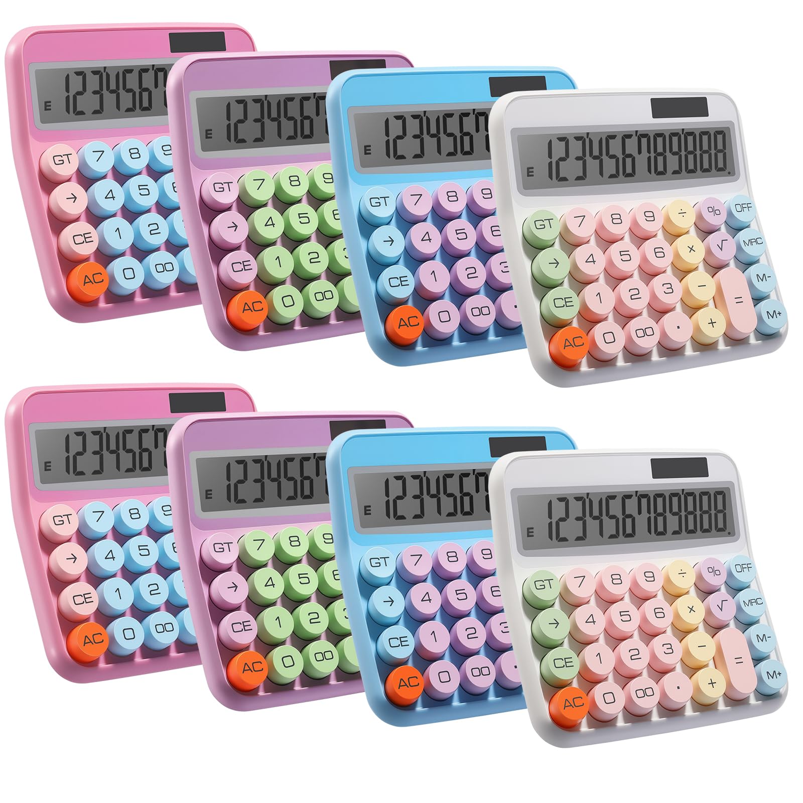 Confezione da 8 calcolatrici meccaniche Macaron con pulsanti grandi, doppia alimentazione solare e batteria, grande display LCD a 12 cifre, calcolatrici da tavolo per studenti, insegnanti, ufficio e