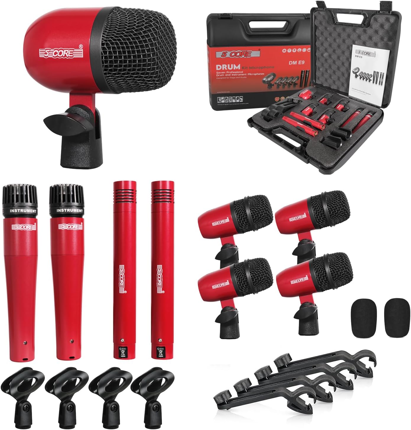 5 CORE Drum Microphone Kit 9 Piece All Metal Drummer Mics Tom/Snare & Cymbals Professional Wired Instrument Drums Set Microfonos Red - DM E9 RED