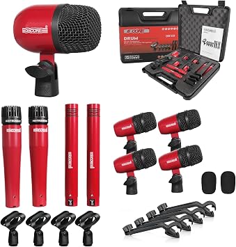 5 CORE Drum Microphone Kit 9 Piece All Metal Drummer Mics Tom/Snare & Cymbals Professional Wired Instrument Drums Set Microfonos Red - DM E9 RED