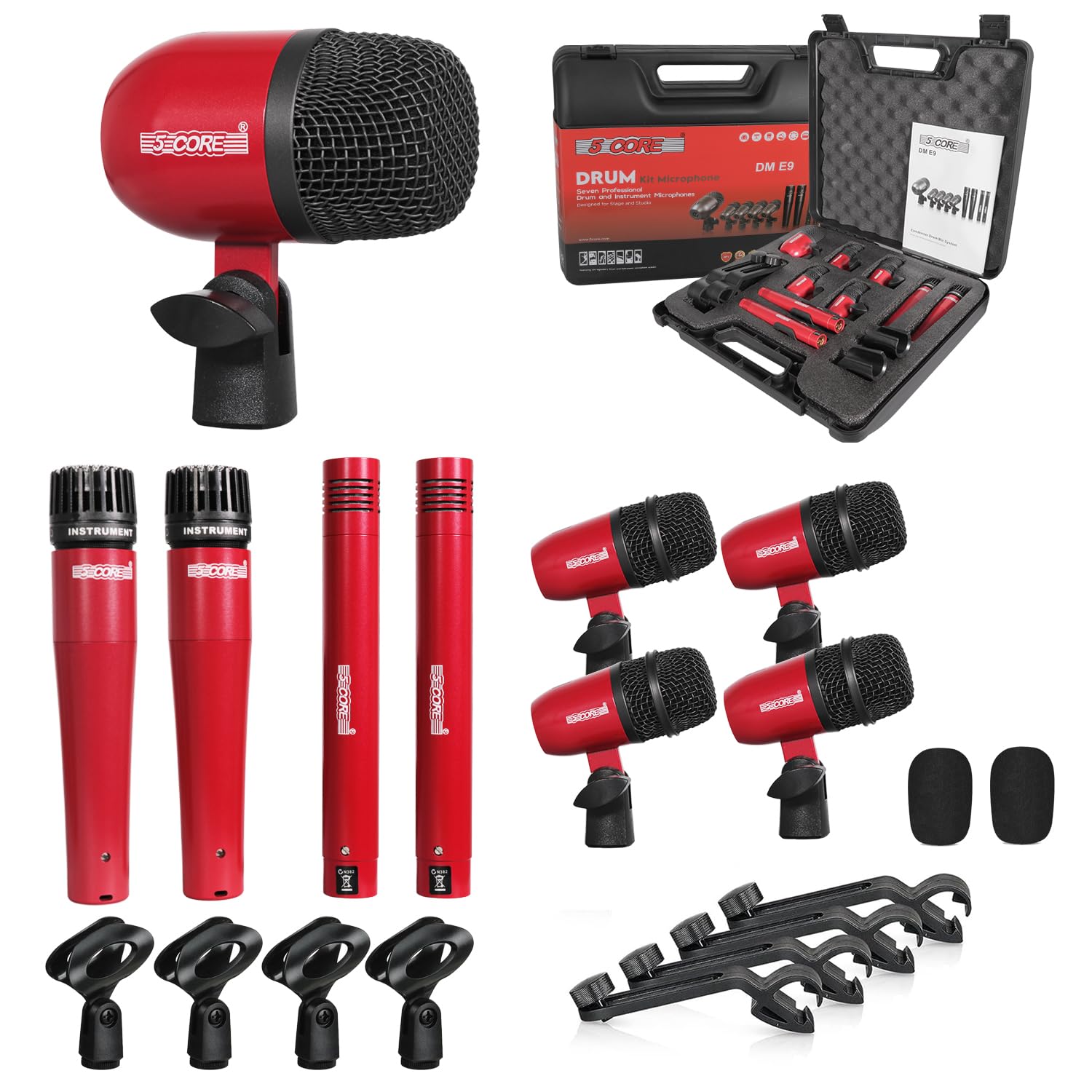 5 CORE Drum Mic Kit 9 Piece All Metal Drummer Microphone Set Red