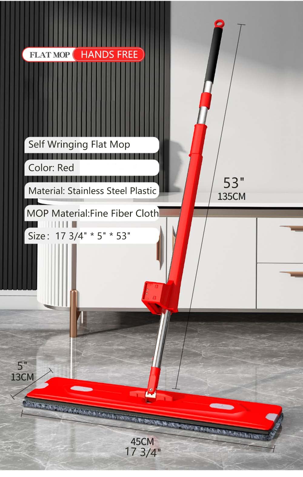 Trapeador plano con 4 almohadillas de microfibra lavables, limpieza de suelos rojos, mopa perezosa manos libres, panel XL para madera dura, mármol, cemento, azulejos
