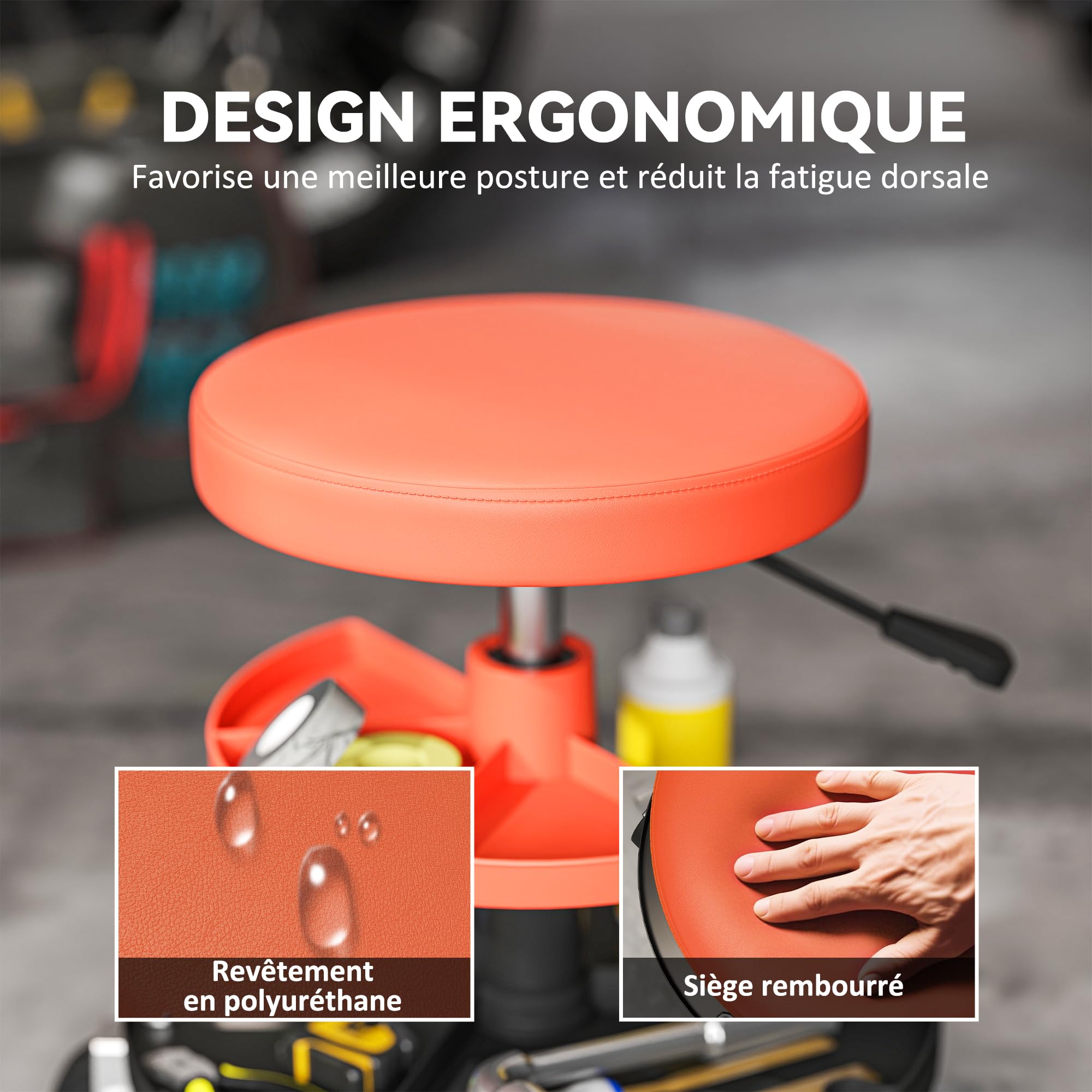 HOMCOM Tabouret d'atelier à roulettes, Hauteur Réglable 40-51 cm, Jaune | Tabouret de Mécanicien, 2 Étagères à Outils, Siège Pivotant, Charge Max 135 kg