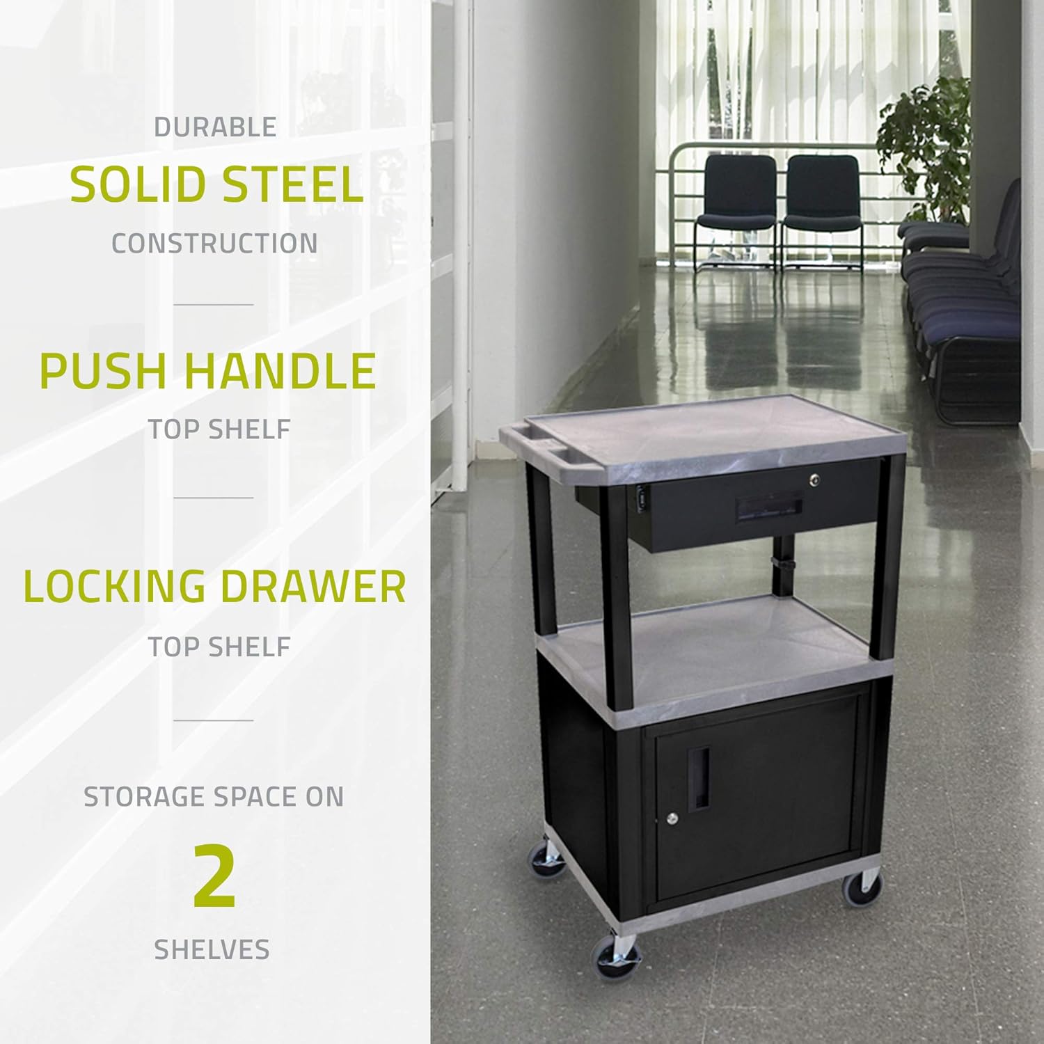 Luxor WT42GYC2E-B/WTD 42"H AV Cart - 3 Shelves Cab Drawer - Black