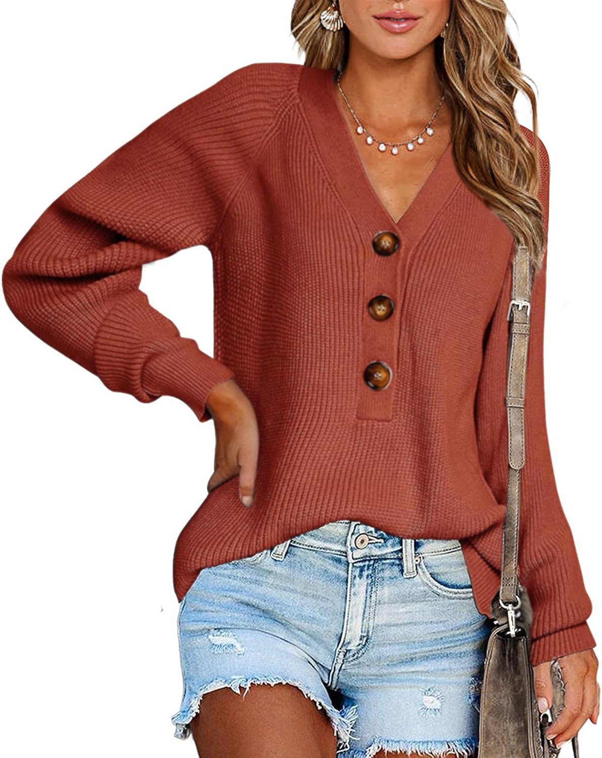 BTFBM Women Long Sleeve V Neck Button Down Sweater Solid Color Ribbed Knit Sweater Casual Relaxed Fit Pullover Jumper