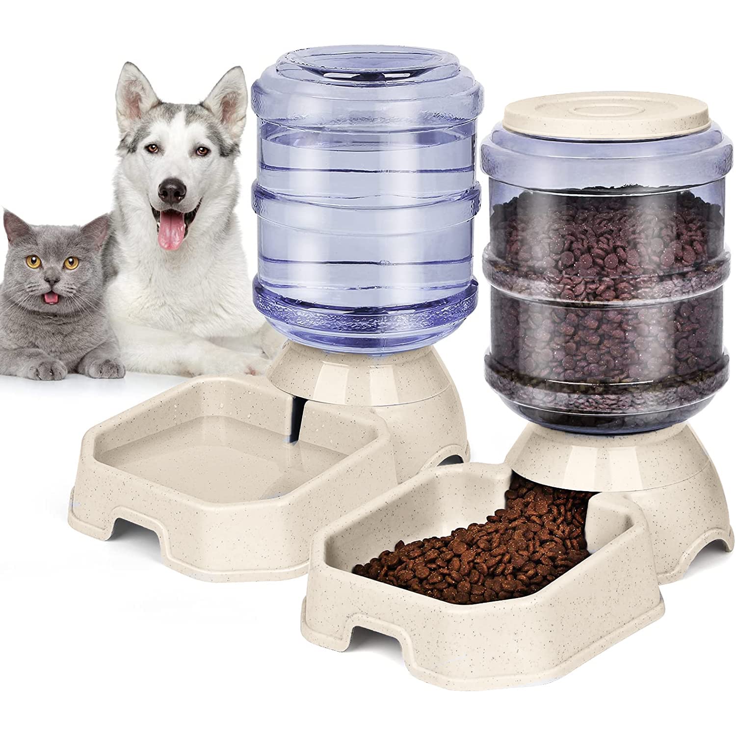 TOMVAES 2 pcs Automatic Pet Feeder Medium and Small Pet Automatic Food Feeder and Drinker Set, Dog Travel Supplies Feeder and Drinker Cat Rabbit Pet Animal (Food Feeder +Waterer)