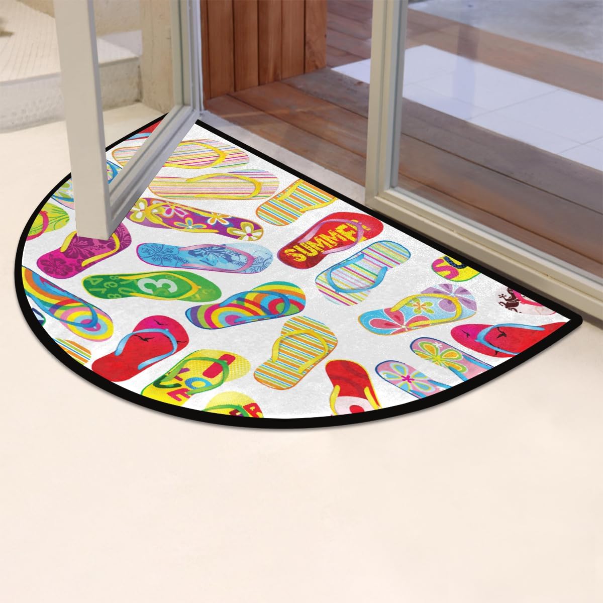 Flip Flops Half Round Door Mats for Inside Entry, Half Circle Doormat Welcome Front Door Mat, Indoor Outdoor Rugs, Non-Slip Floor Mat for Bedroom Kitchen Fireplace 36x24 Inch