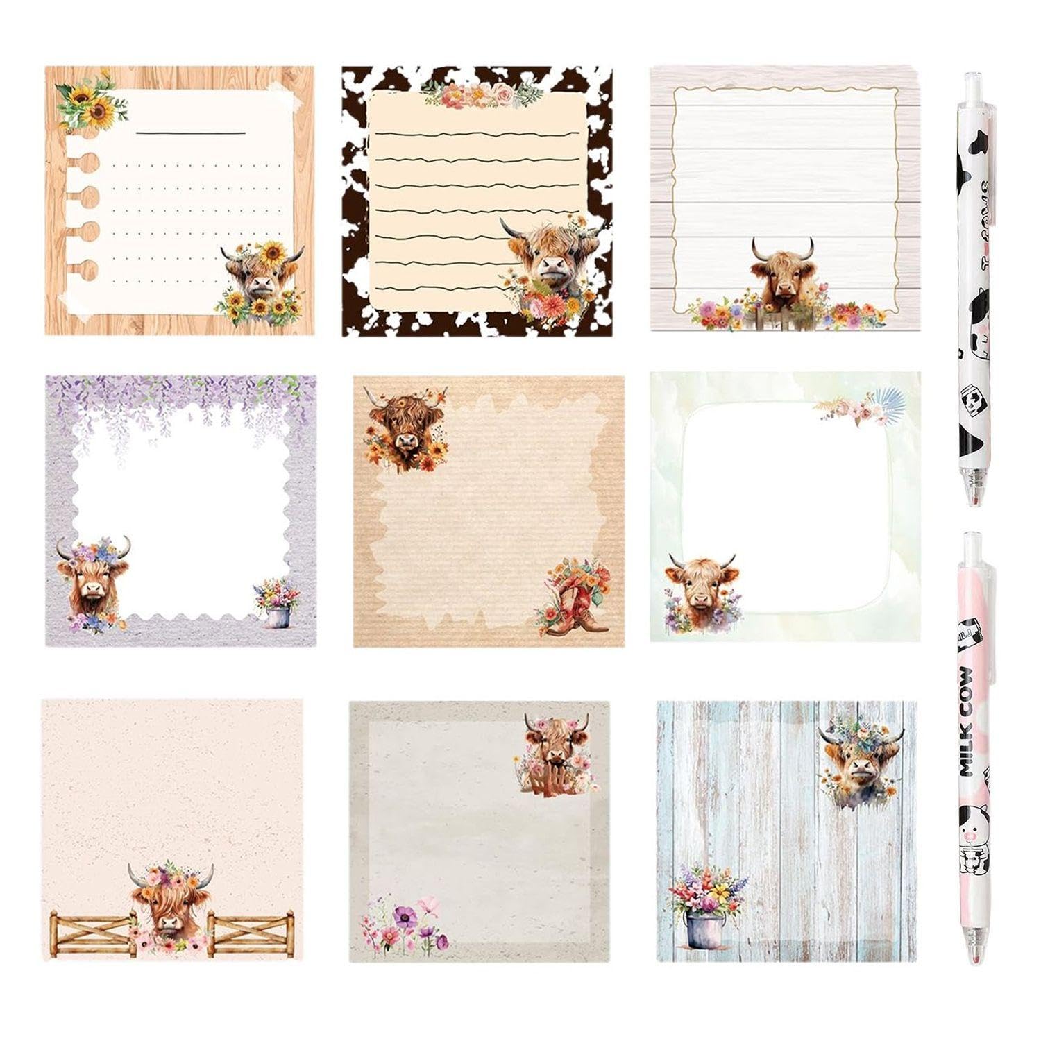9 Highland Cattle Note Papers and 2 Pens, Student School Supplies, Schedule Memo Tools, Suitable for Key Note-Taking.