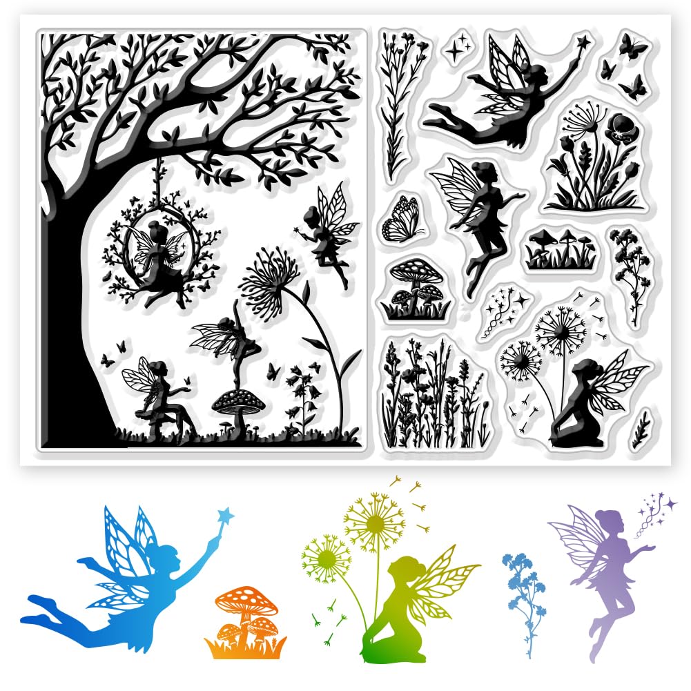 CHGCRAFT Butterfly Fairy Clear Stamps Elves Butterfly Plants Background Transparent Silicone Stamps for Cards Making DIY Scrapbook Decoration 8.3x5.8inch