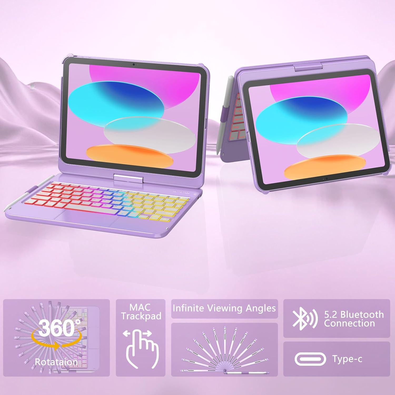 For iPad 11th Generation/10th Generation Case with Keyboard,Touch Keyboard for iPads A16 /10th Gen 10.9 inch 2022 - 10 Color Backlight, 360° Rotatable Protective Case for iPad A16 with Pencil Holder