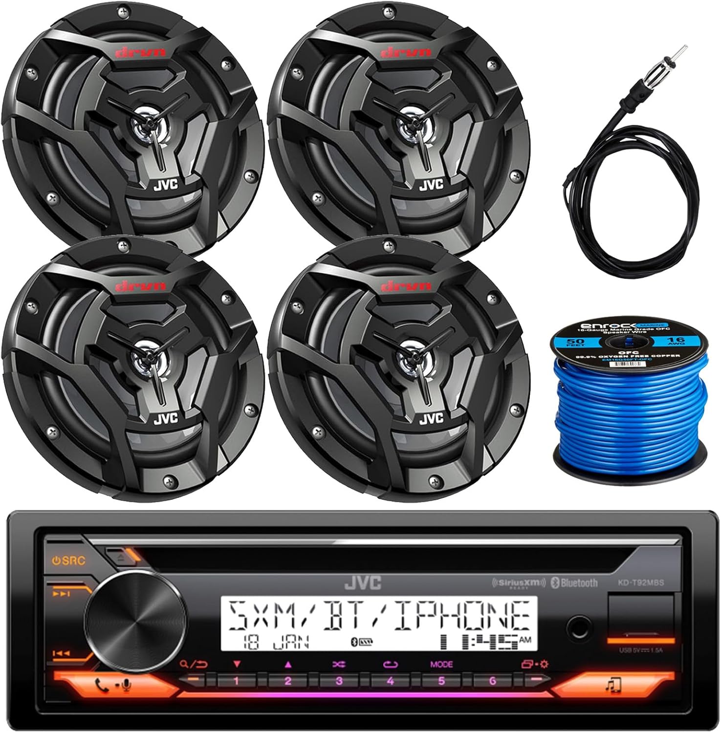 JVC KD-T92MBS Single DIN Marine USB Bluetooth CD Player Stereo Receiver with 4X 6.5 150 Watt 2-Way Coaxial Black Car Audio Speakers, Radio Antenna, 50 Ft 16 Gauge Speaker Wire