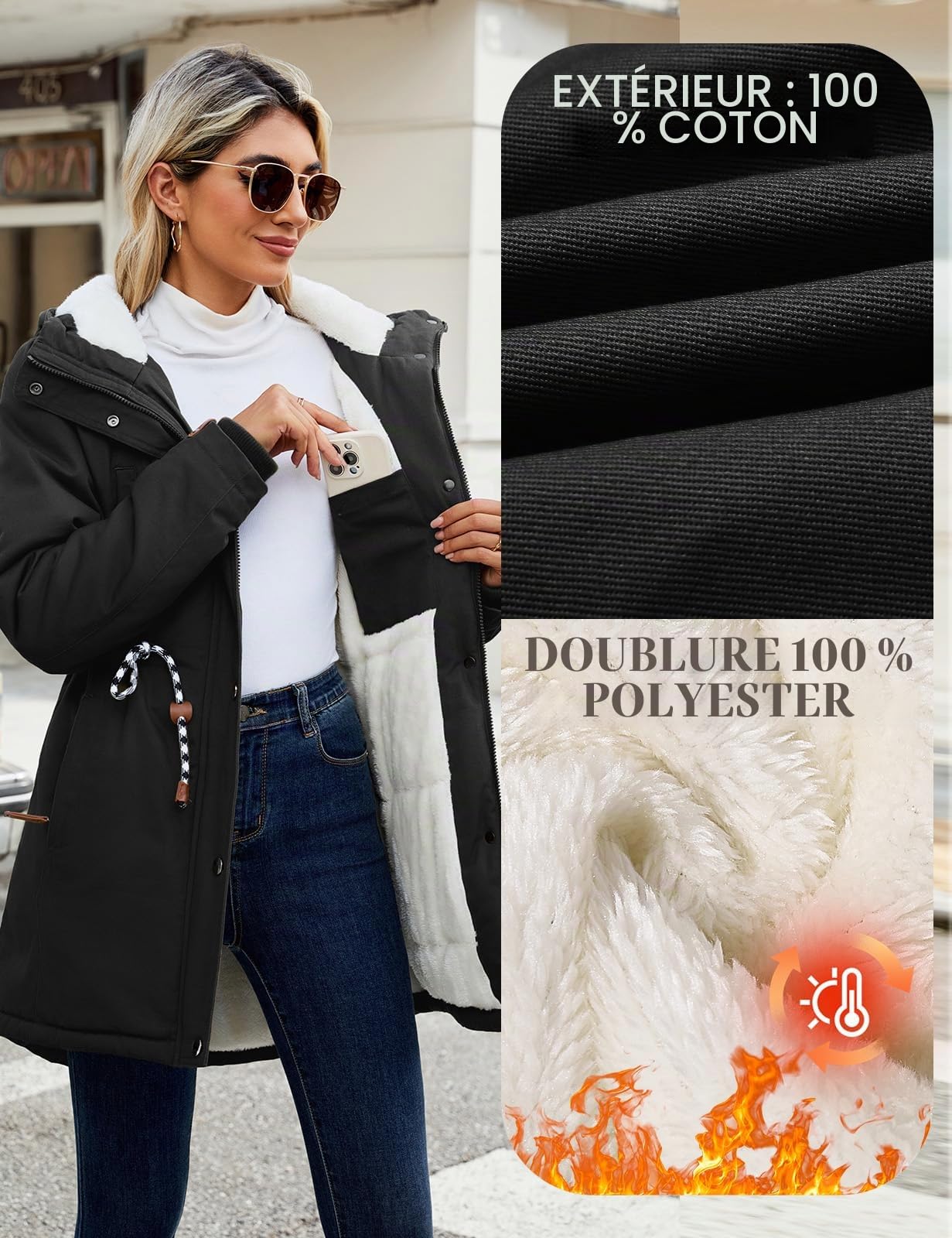 TOMEEK Manteau Femme Hiver Chaud Veste Parka Chauffante Blouson Polaire Longue Manteau à Capuche Chic et Elegant Outercoat avec Poches Doublure en Peluche Zippé Jacket