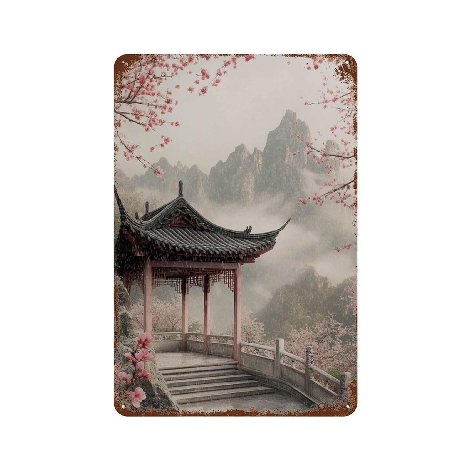 xiaoxiaoshen Cherry Blossom Temple Mountain Landscape Asian Vertical Nature Living Room Bedro Wall Decor Art Metal Tin Poster Modern Home Decor Art Home Bar Shop Decorations Vintage Sign 30x20cm