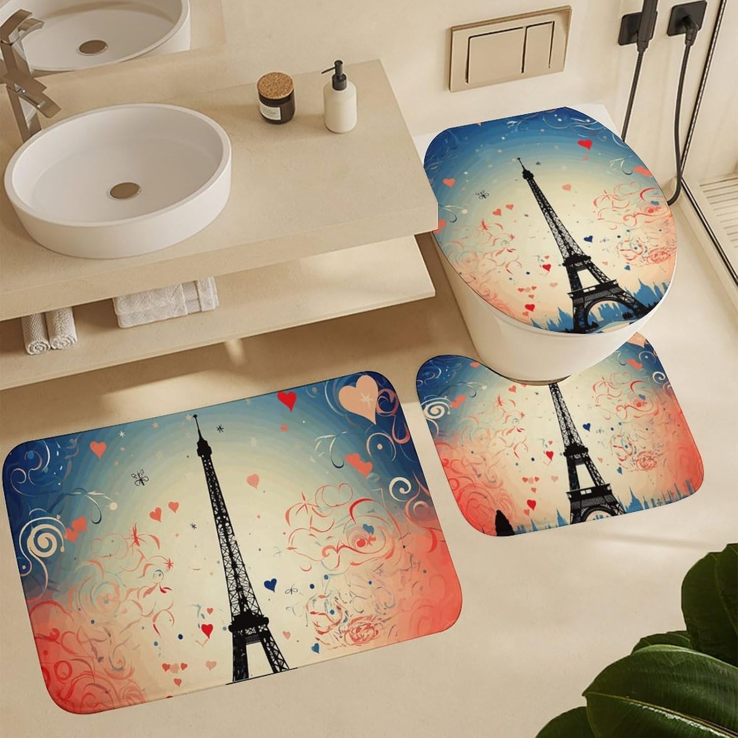 Paris Pattern Shower Curtain Set 4 Piece, Non-Slip Bath Mat with Toilet Lid Cover and Waterproof Shower Curtain with 12 Hooks, Complete Bathroom Set for Home Decor