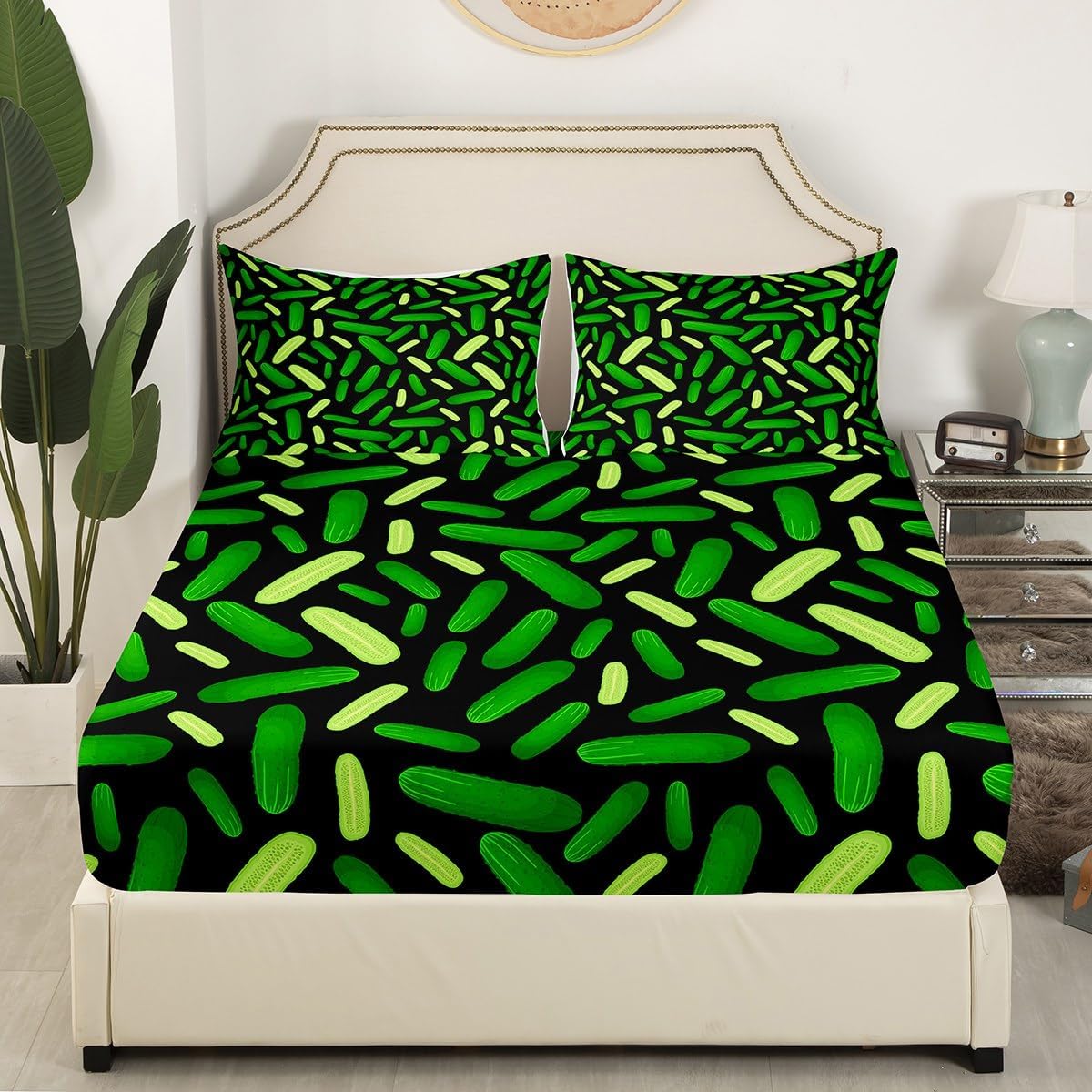 Erosebridal Cute Funny Cucumber Fitted Sheet Hand Drawn Doodle Pickles Bed Sheets, Cartoon Kawaii Green Pickles Bedding Set Watercolor Cucumber Vegetable Theme Sheets Queen,No Top Sheet