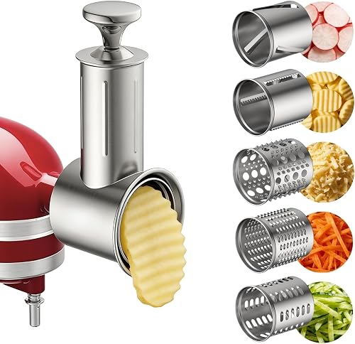 5-in-1 Stainless Steel Slicer Shredder Attachment Compatible with KitchenAid Stand Mixers, Cheese Grater Attachment, Vegetable Shredder, Salad Maker with 5 Cutting Blades, Dishwasher Safe