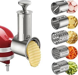 5-in-1 Stainless Steel Slicer Shredder Attachment Compatible with KitchenAid Stand Mixers, Cheese Grater Attachment, Vegetable Shredder, Salad Maker with 5 Cutting Blades, Dishwasher Safe