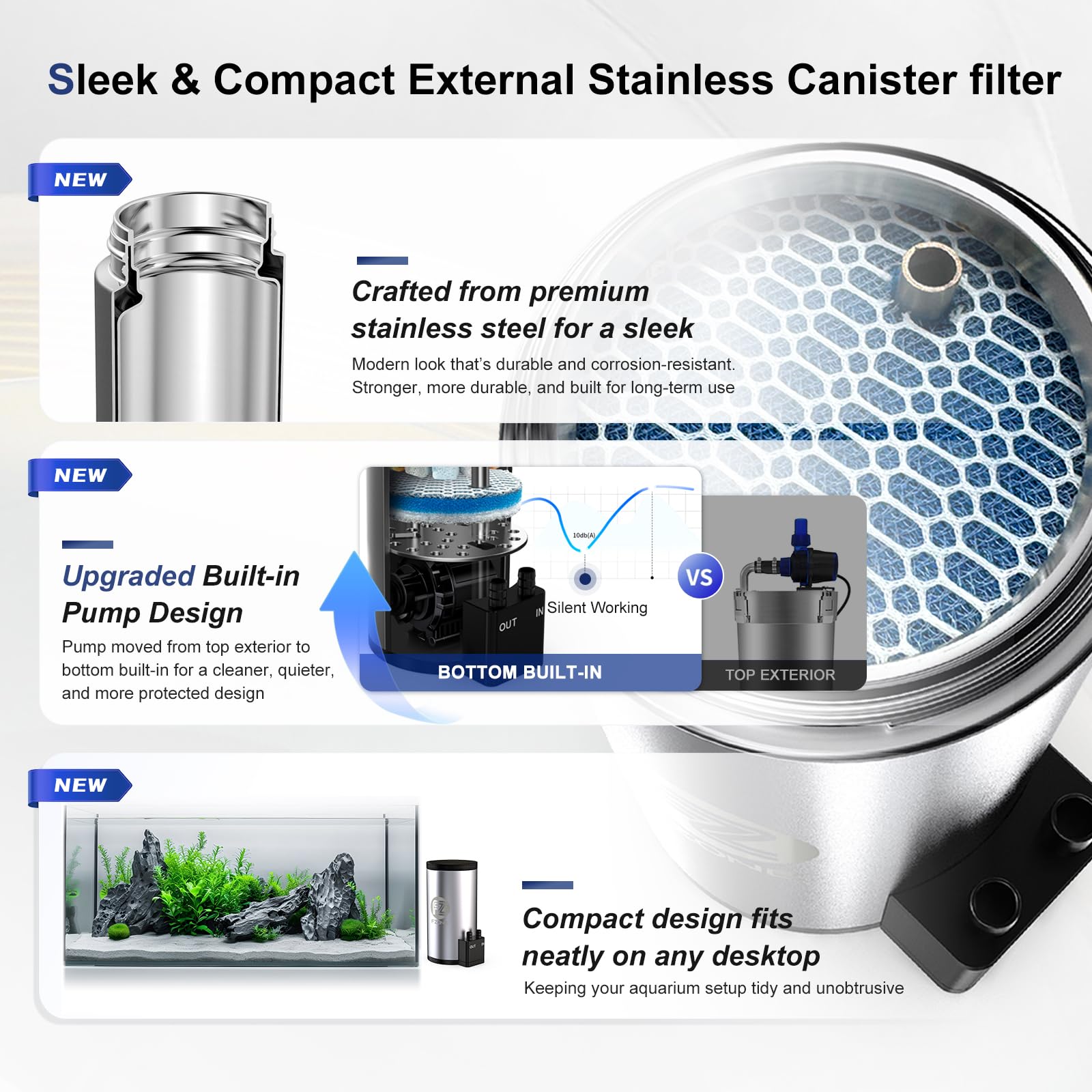 FZONE Aquarium Filter Kit, External Canister Filter 79 GPH for Small Aquariums, Quiet Pump, Dual-Layer Filtration, Adjustable in/Out Pipes, Stainless Steel Design for Tanks up to 24 Gallon - 5