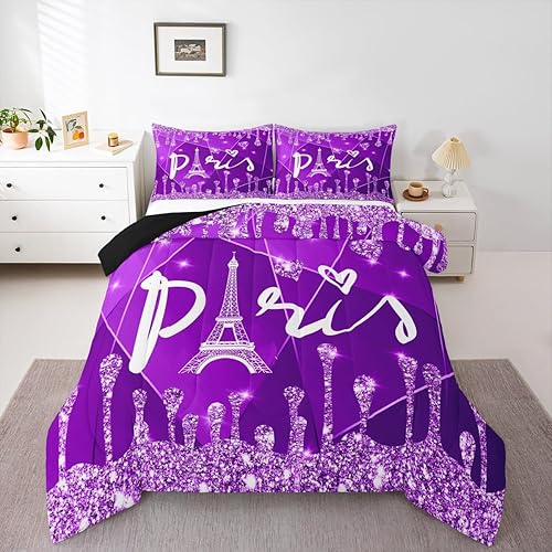 Miniatura 4 de Feelyou Edredón París con Brillos (Sin Brillos Sin Lentejuelas) Juego de Edredón Torre Eiffel Diamante para Niños Niñas Infantil Plateado Morado