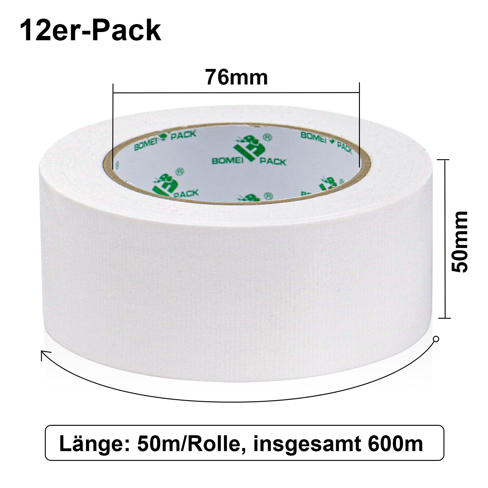 BOMEI PACK Lot de 12 rouleaux de ruban adhésif blindé blanc - 50 mm x 50 m - Adhésif puissant - Déchirable à la main - Renforcé en tissu - Ruban adhésif de réparation
