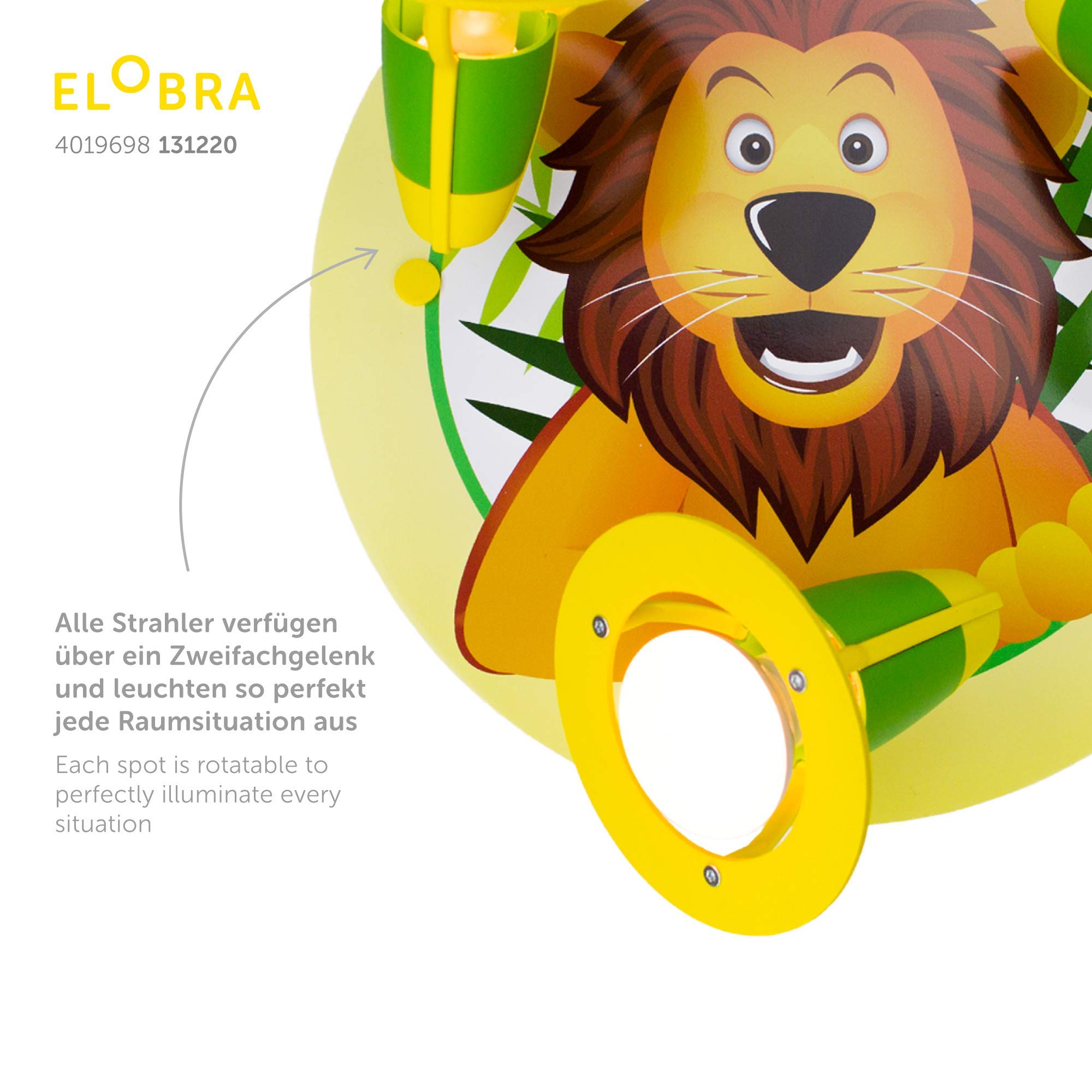 Elobra Deckenlampe Löwe, Tier Lampe für Kinder, Jungen oder Mädchen Lampe, 3 schwenkbaren Spots mit E14 Fassung, Grün, Gelb