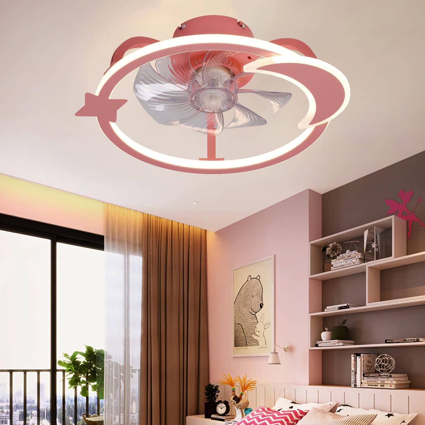 YUEGOO Led 85W Bedroom Ceiling Fan Light Stepless Dimming, Ceiling Fans with Lights and Remote/App Control, Silent Fan Ceiling Lamps, 50Cm Kids Fan Lighting Adjustable 6-Speed/Pink/I