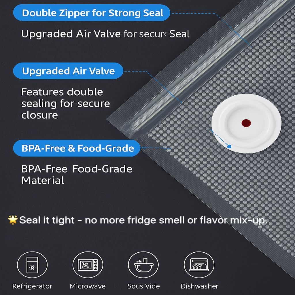 Vacuum sealer bags for food,reusable vacuum seal bags, storage bags vacuum sealed with air valve, double zipper. (13.4 * 11.8inch) 20pcs. - Image 3