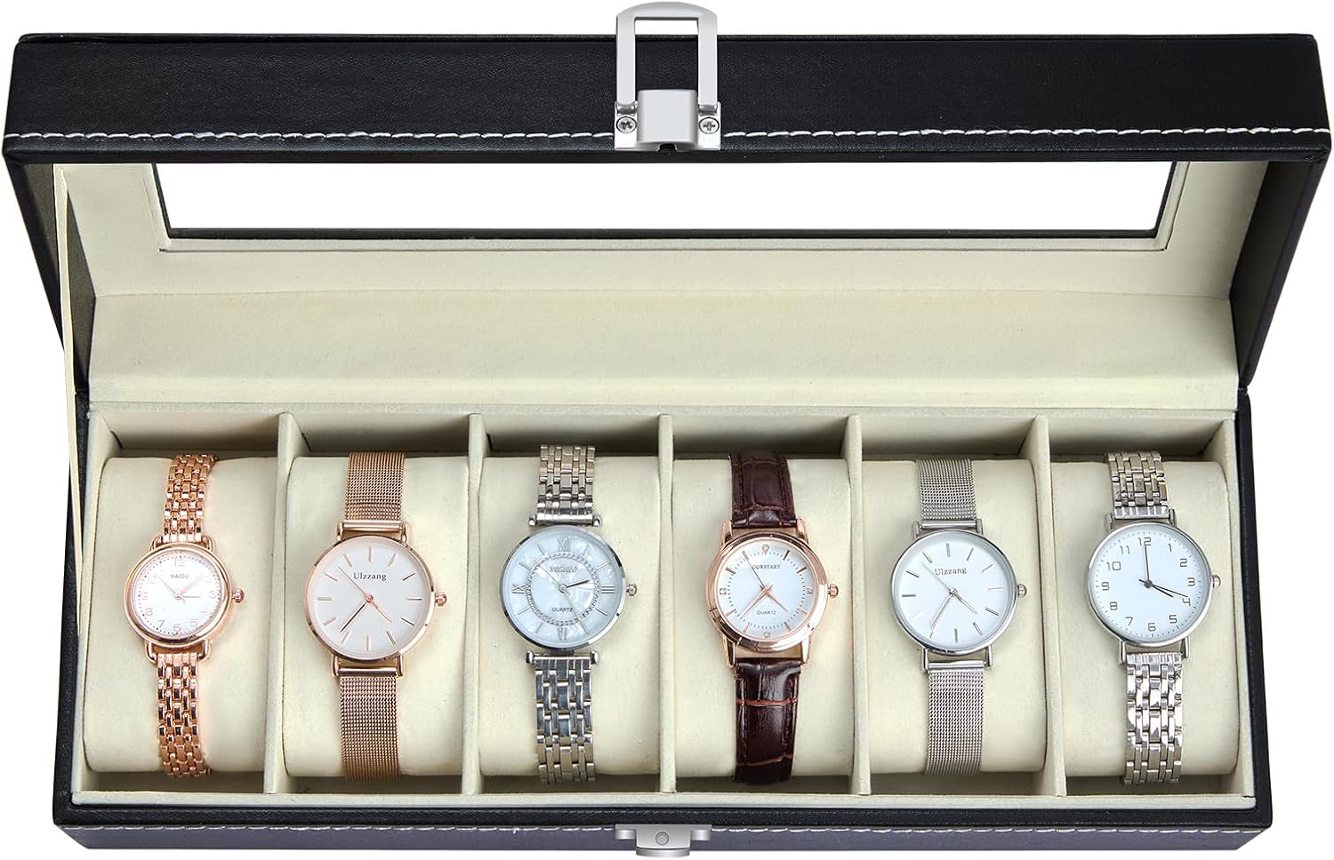 Ohuhu Watch Box for Men 6 Slot Watch Organizer Jewelry Box Leather Watch Cabinet Storage Organizer Case, Ideal for Christmas Birthday Father's Day Thanksgiving Day