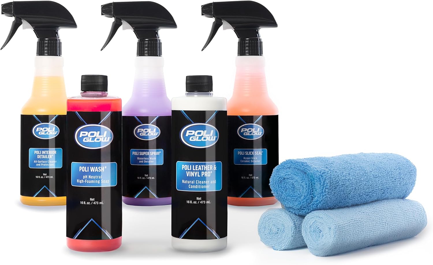 Poli Glow® 16 oz Vehicle Detailing Kit – All-in-One Cleaner & Protectant Set for Cars, Boats & RVs – Includes Interior, Exterior, Leather & Ceramic Detailers + Microfiber Towels – 7-Piece Kit