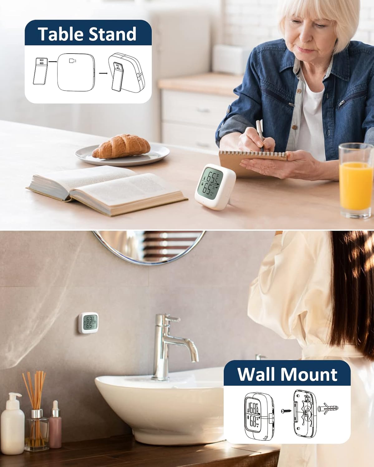 Ecoey Digital Thermometer Hygrometer shown on a table stand and mounted on a wall.