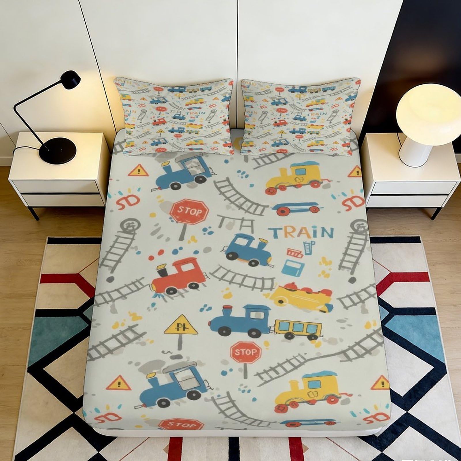 3D Printed Colorful Train Pattern Fitted Sheet Microfiber Soft Breathable Cartoon Locomotive Bed Cover for Bedroom Dormitory Guest Room Mattress Protection 90x200x25cm