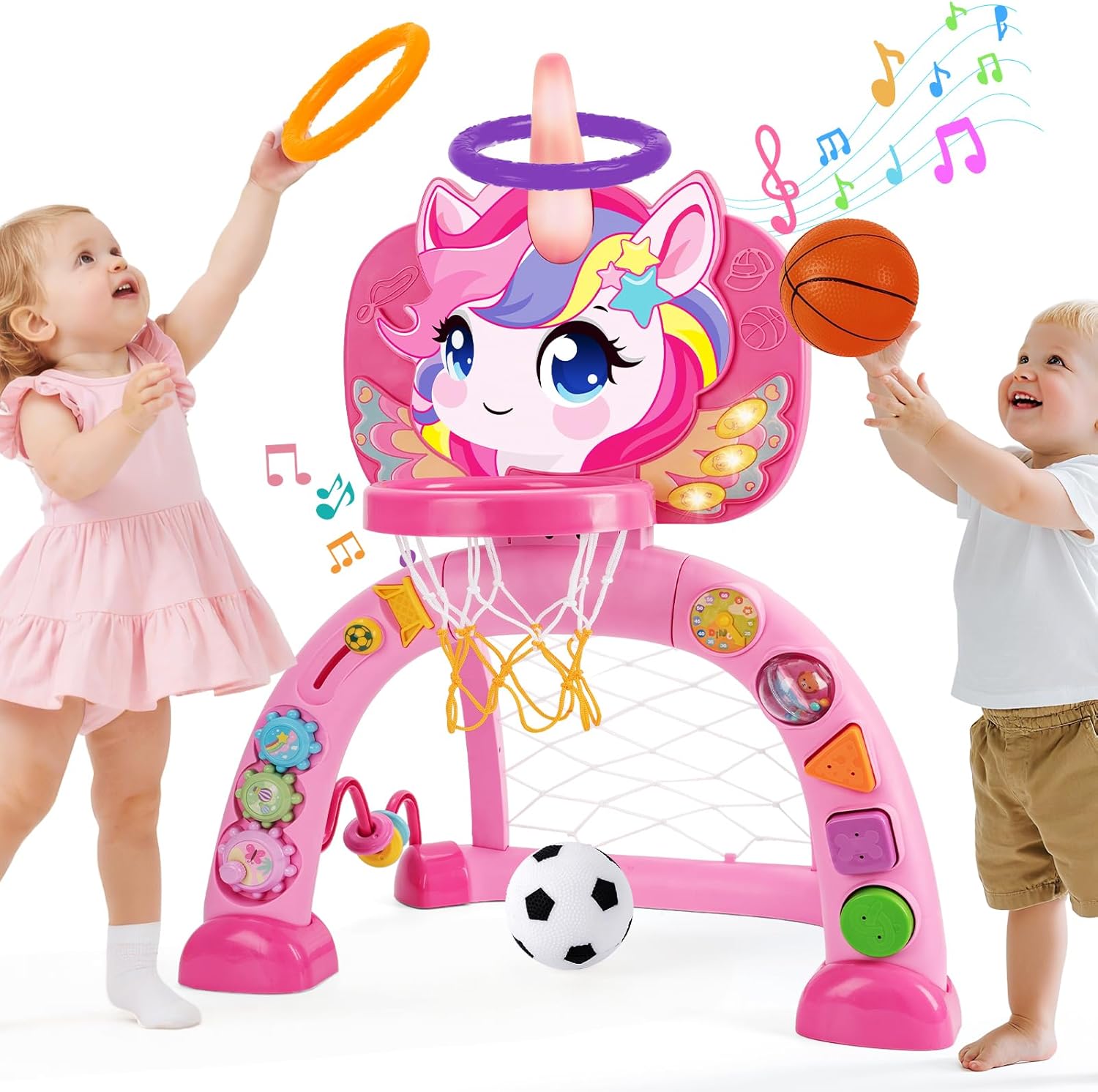Toddler Basketball Hoop & Soccer Goal: Activity Center with Ring Toss – Unicorn Sports Play Set | Toys for Baby Toddlers 12-18 Months & Boys Girls Ages 1-3 | Indoor Outdoor Birthday Pink