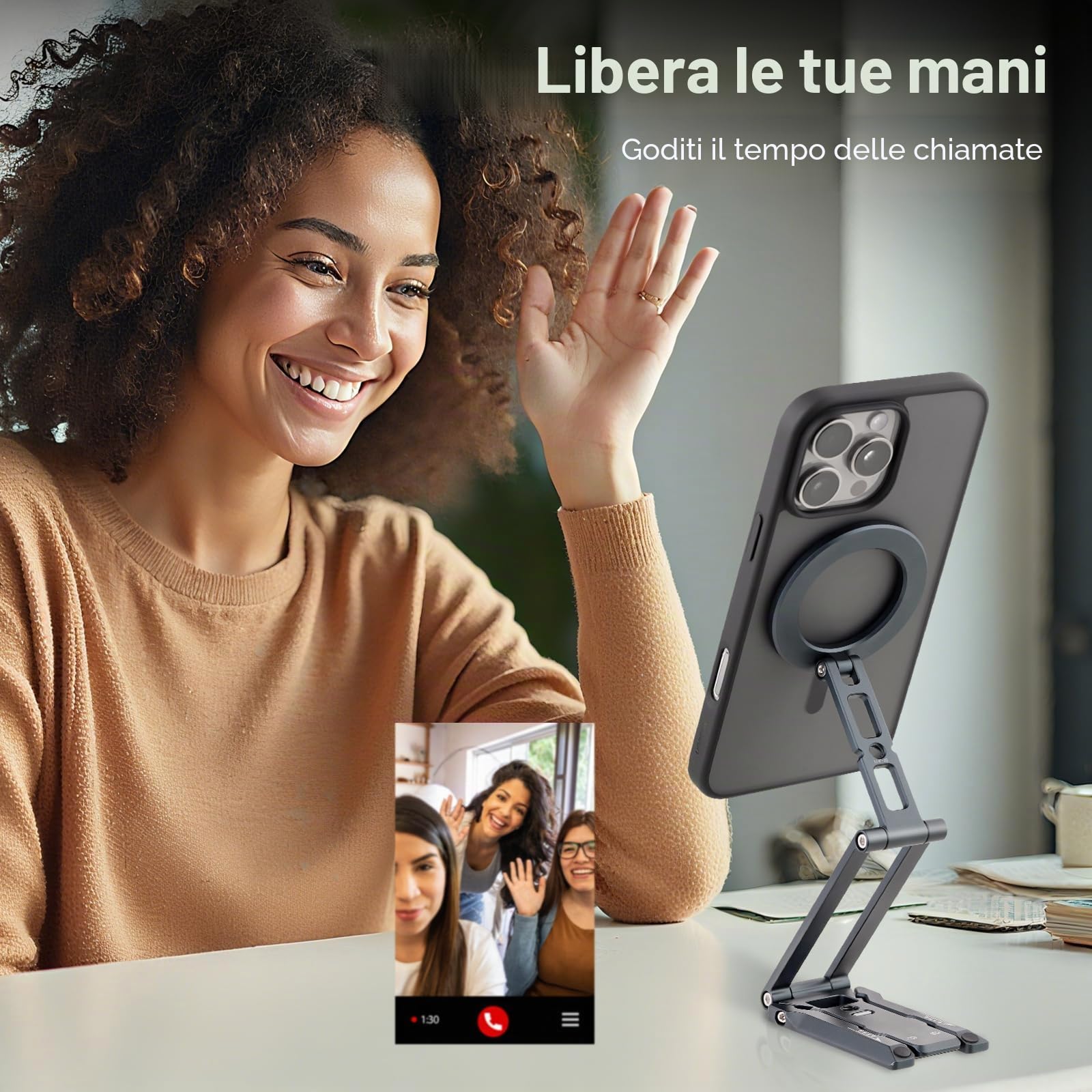 Leftfoto Supporto magnetico in metallo forte per telefono cellulare regolabile a 3 assi pieghevole mini treppiede da scrivania compatibile con iPhone 16/15 Pro Max/14 Pro/13/12/custodie MagSafe o