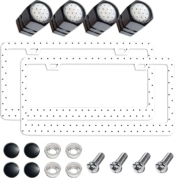 2Pcs Printed Aluminum Alloy License Plate Frames and 1 Set of Printed Valve Caps,Sturdy and Rust-Proof Aluminum Brackets,Unisex Car License Plate Frames,Screws Included. White Spots