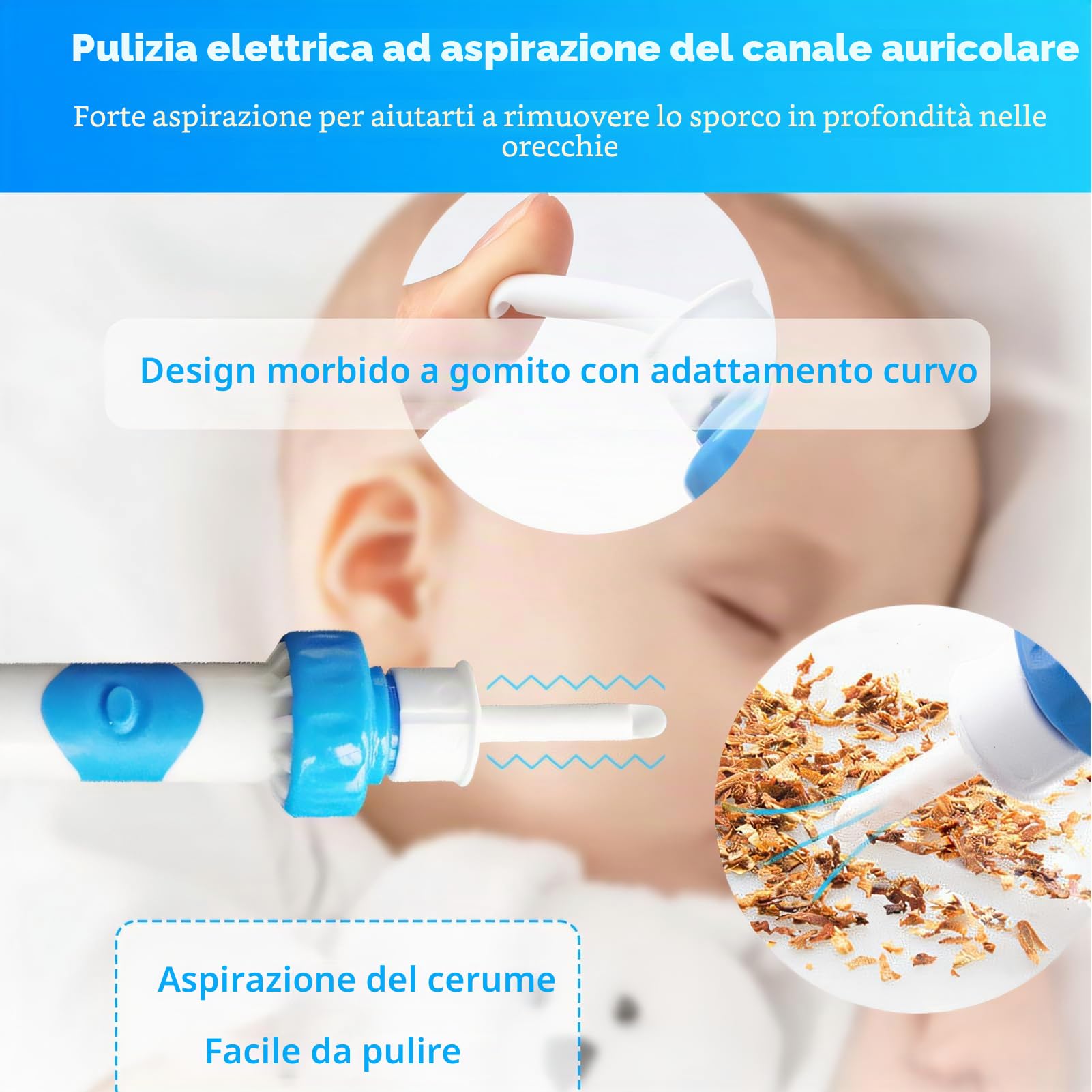 Aspiratore Cerume Orecchie Elettrico Pulisci Orecchie con Aspirazione, 2 Testine Silicone + Spazzolina, pulizia orecchie adulti bambini, aspiratore di cerume, funziona con Batterie AAA