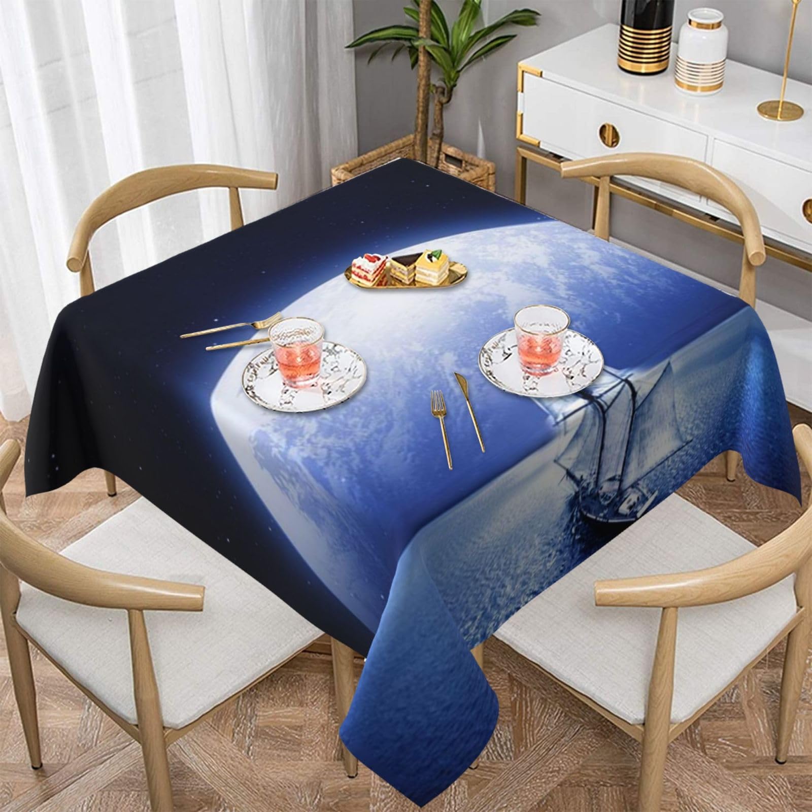 DCEHGEW Nautical White Ship Prints Square Tablecloth 137x137 CM, Waterproof Fabric Table Cloth for Dining Table, Farmhouse Table Cover for Kitchen Dining Tabletop Decoration