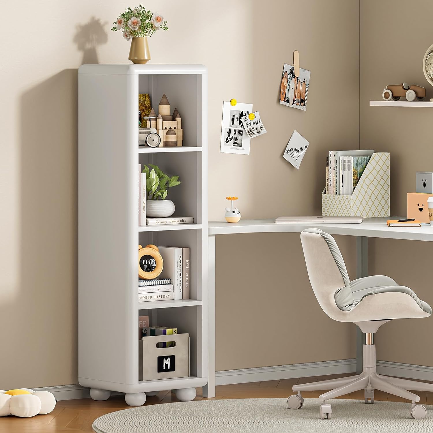 ONBRILL 4-Cube Storage Bookcase, Rounded Corners & Anti-Tip Kids Bookshelf and Toy Storage with Bun Feet, Wooden Display Shelf for Playroom, Bedroom, Nursery, Classroom (White)