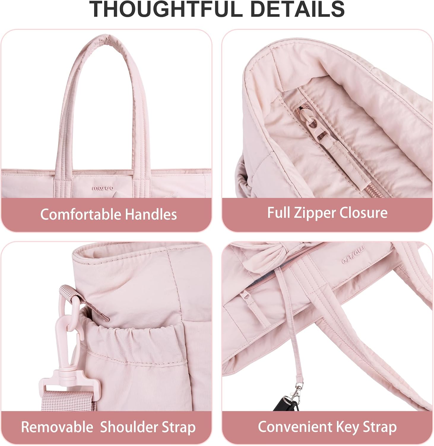 MOSISO Bow Tote Bag for Women, Laptop Bags Handbag Work Tote Bag with Cup Holder & 15-16 inch Laptop Compartment for Travel Work School, Lightweight Puffer Tote Bags with Trolley Sleeve, Pink