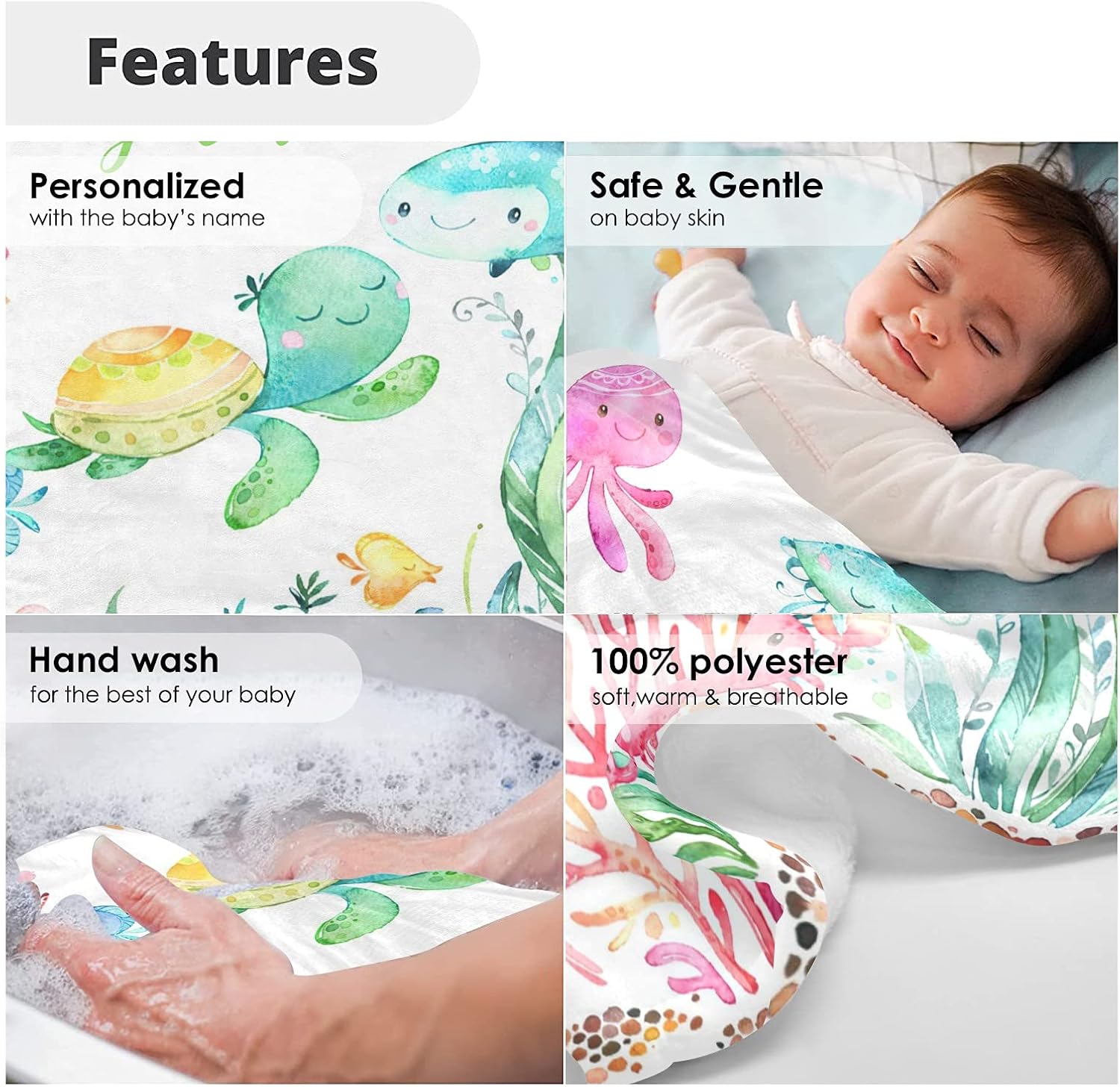 Personalized Baby Blanket Under The Sea Turtle Jellyfish Custom Nursery Swadding Blankets 30x40 Inches for Baby Boy Girl with Name Baby Shower Birthday Gift