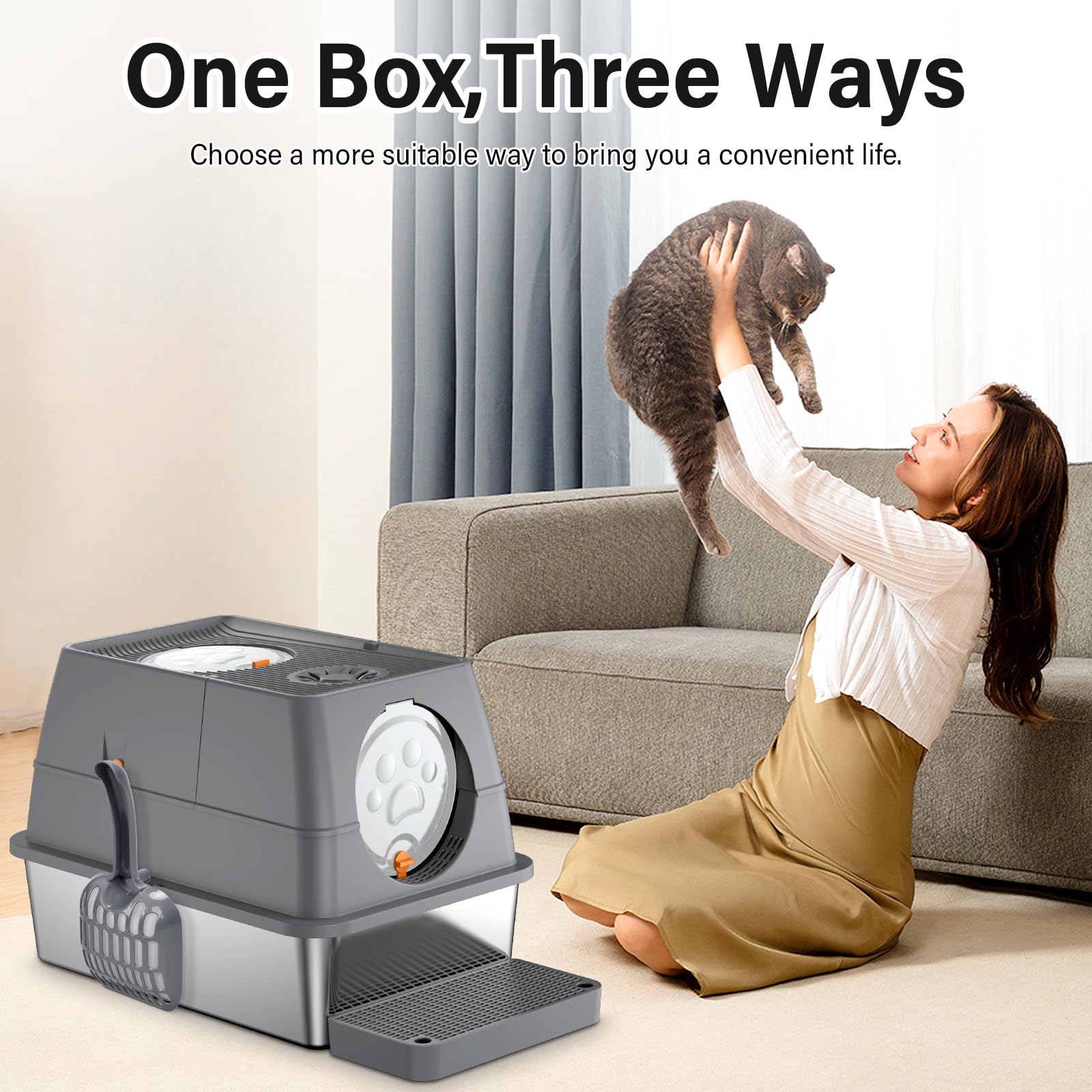 Lettiera per gatti in acciaio inox con coperchio, 60 x 40 x 39 cm, in acciaio inox, grande lettiera chiusa con pala e tappetino, a prova di perdite e facile da pulire, per gatti di grandi