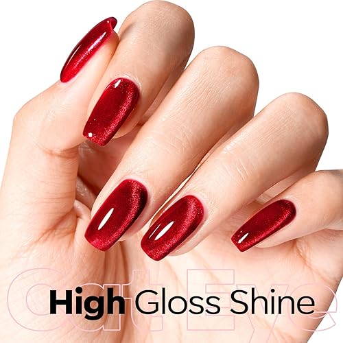 Vista 3 de modelones Esmalte de gel rojo ojo de gato, esmalte de gel rojo burdeos, esmalte de gel magnético con purpurina holográfica rojo rubí, esmalte