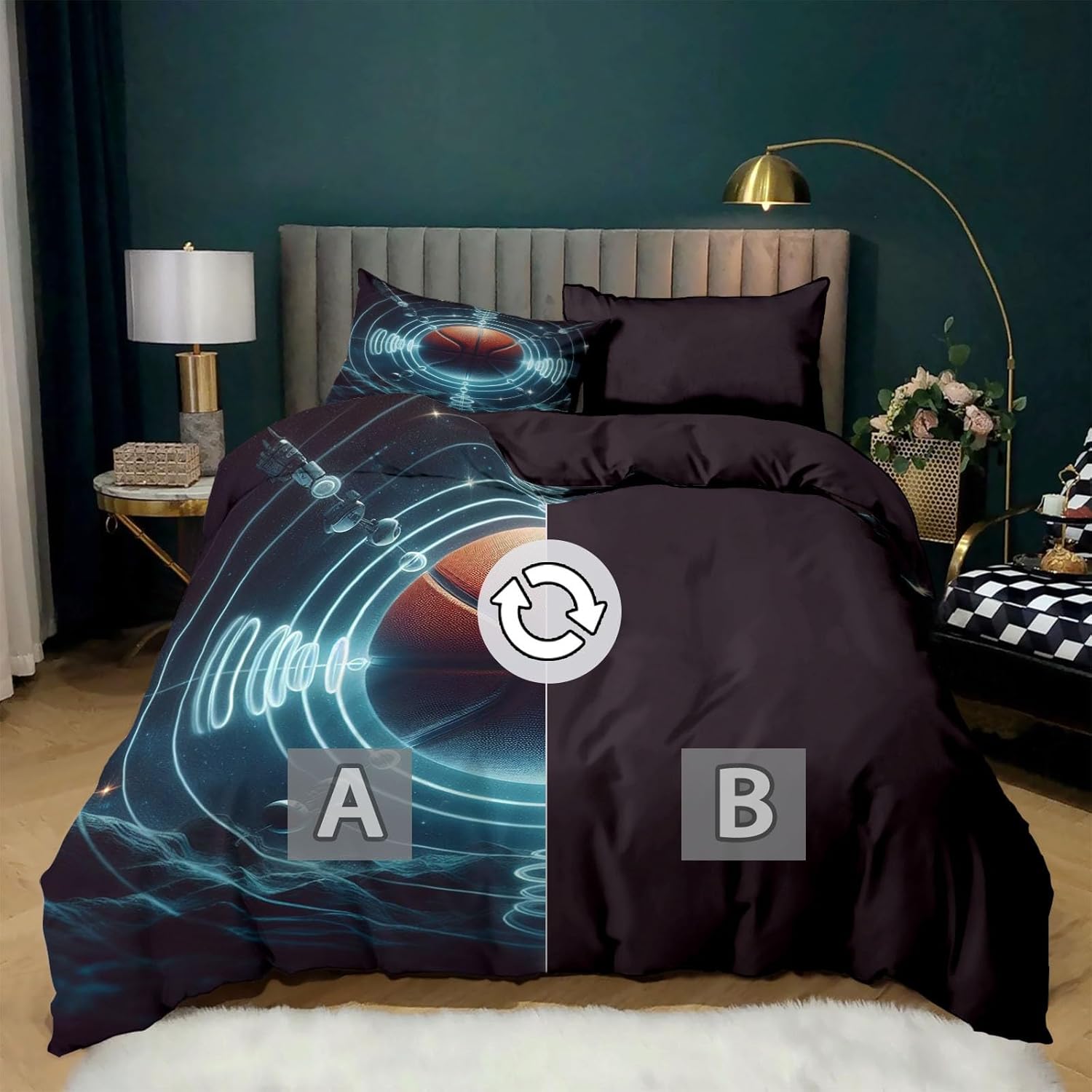 2 Piece Duvet Cover Set, Toddler Printed Duvet Cover, Dark Purple Bedding, Boy Girls Kids Bedding, Cosmic Galaxy and Basketball Elements Quilt Comforter Cover, 1 Pillowcases